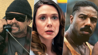 (L-R): Leonardo DiCaprio as Bob Ferguson in "One Battle After Another"; Elizabeth Olsen in "Eternity"; Michael B. Jordan as Smoke in "Sinners"