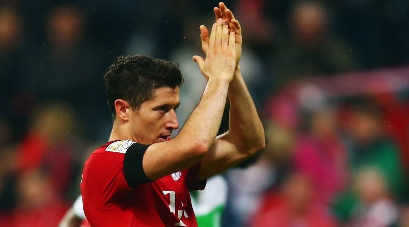 Robert Lewandowski applauds the Bayern Munich fans after scoring five goals against Wolfsburg in September 2015.