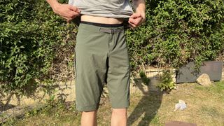 7mesh slab shorts being worn in a garden