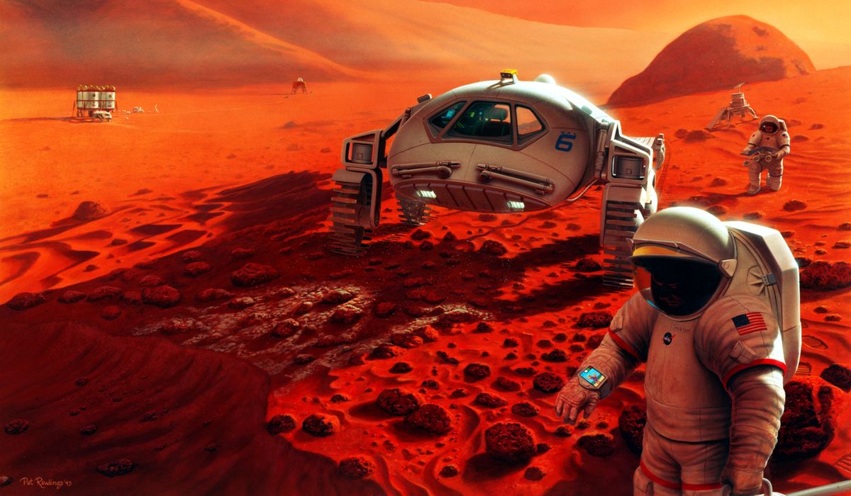 This image shows an artist&#039;s depiction of a crewed mission to Mars. Geneticist Chris Mason recently sat down with Space.com to discuss the possibility of one day genetically engineering humans to protect them against the dangers of space travel and life on Mars. 