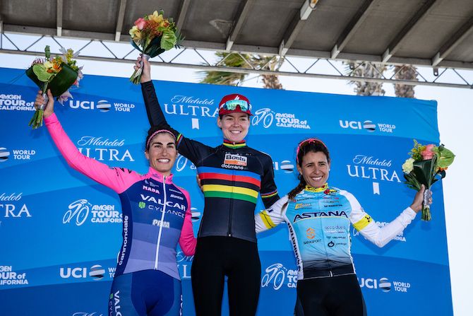 The podium after the opening stage of the 2019 Tour of California Women's Race: winner Anna van der Breggen (Boels Dolmans) with second-placed Elisa Balsamo (Valcar-Cylance) and Arlenis Sierra (Astana Women's Team)