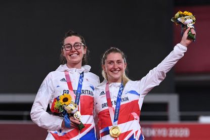 Katie Archibald and Laura Kenny celebrate gold medals at Tokyo 2020 Olympics