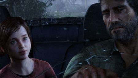The Last of Us screenshot of Ellie and Joel together in a car