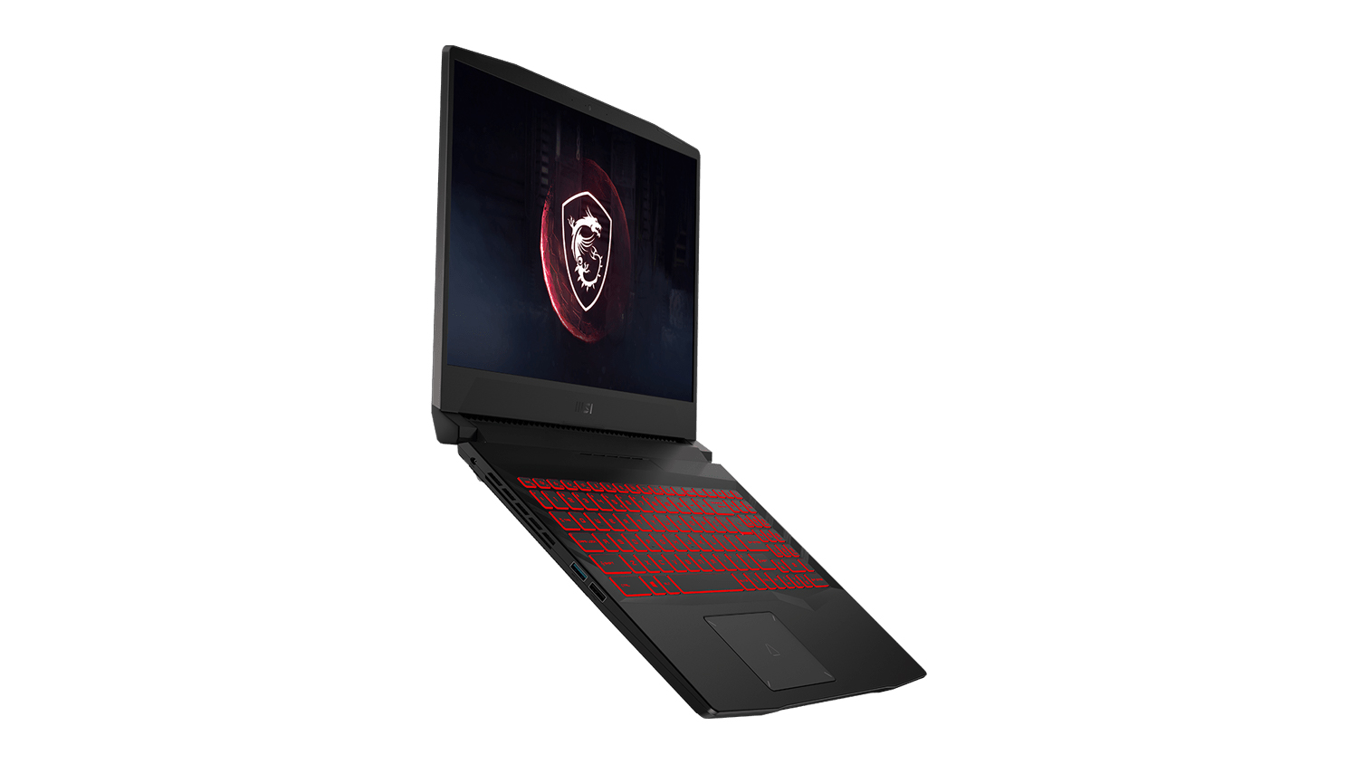 MSI Pulse GL66 with its backlit keyboard lit up red on a white background