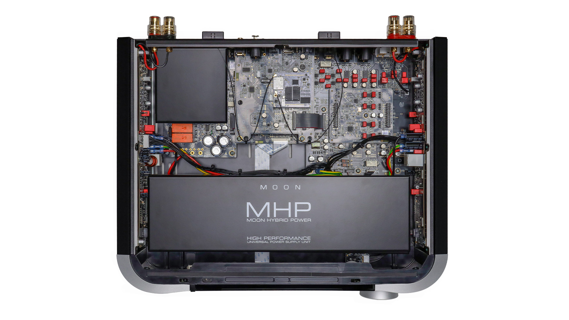 Moon 371 streaming amplifier on white background showing inner workings