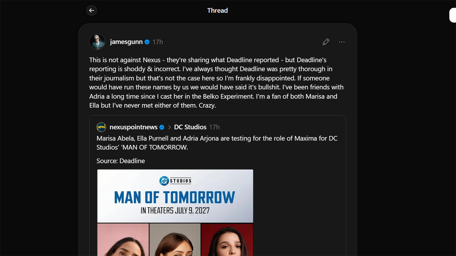 A screenshot of James Gunn responding to Deadline's Man of Tomorrow auditions report on Threads