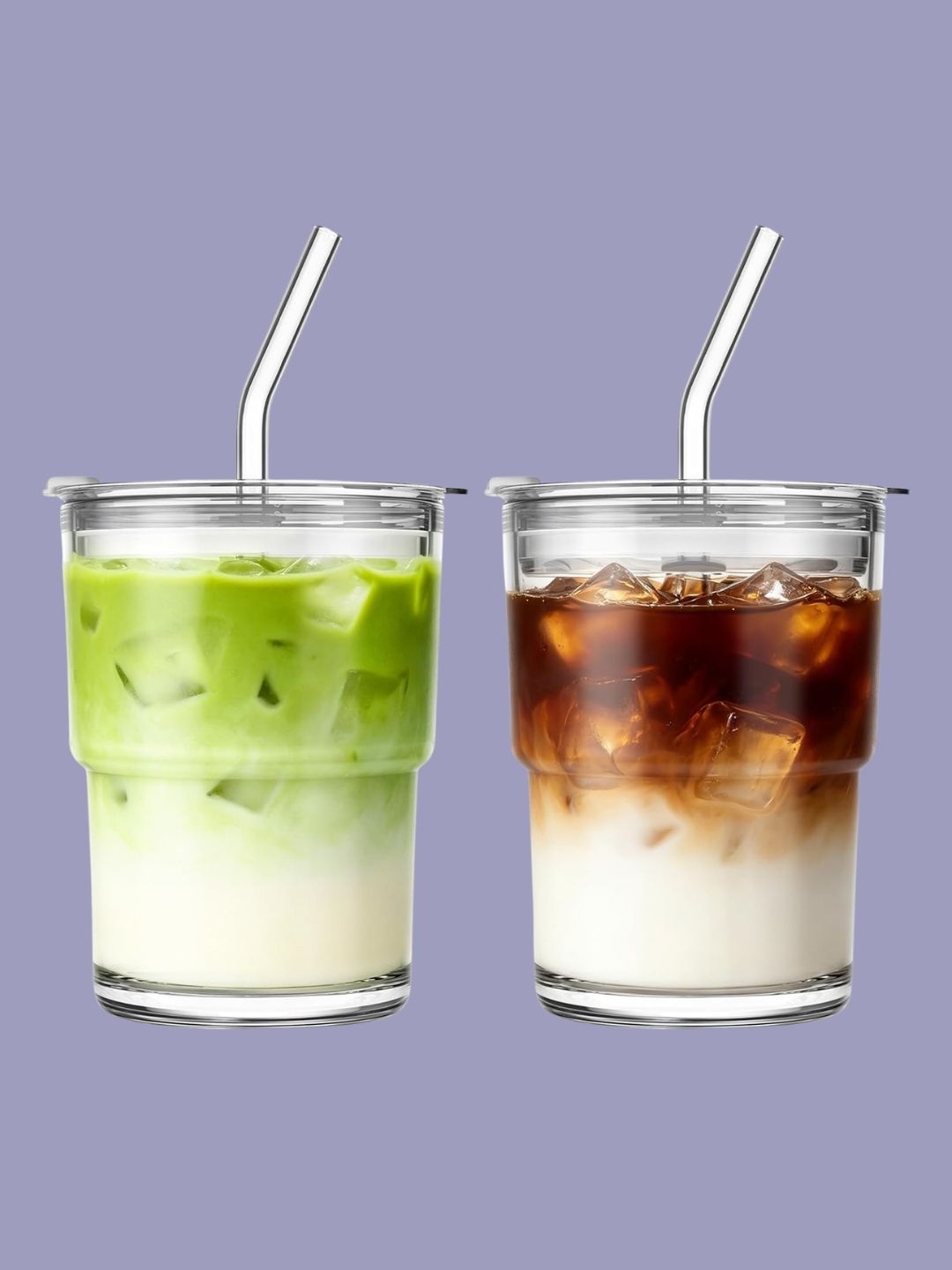 INSETLAN, Clear Glass Cup With Lids and Straws, 2 Pack