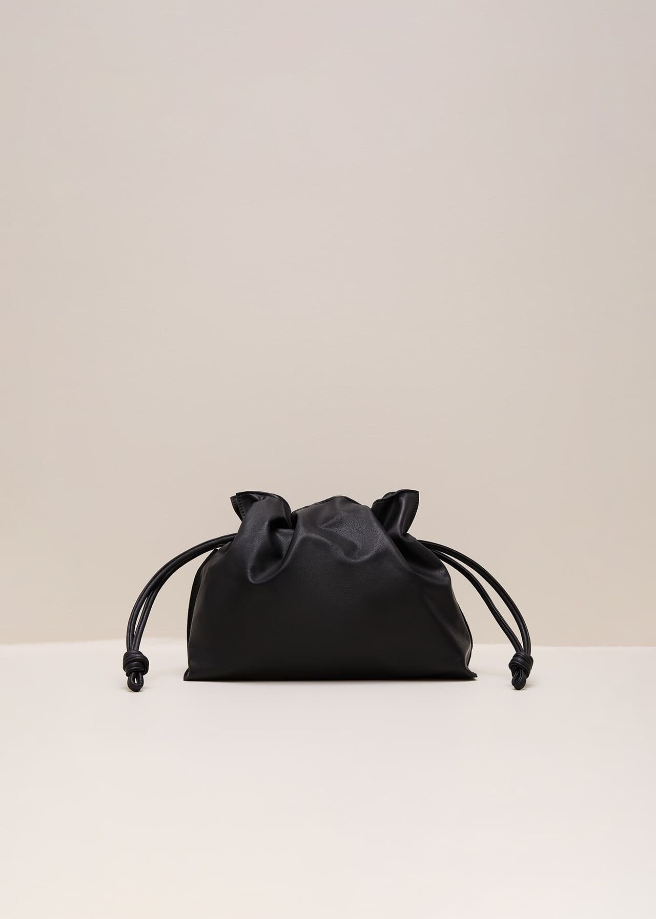 Black Leather Drawstring Soft Pouch Bag
