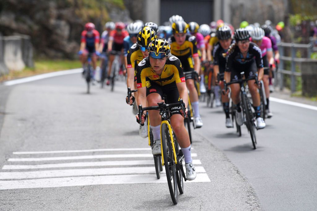 COLICO ITALY JULY 07 Nancy Van Der Burg of Netherlands and Jumbo Visma Team leads The Peloton during the 32nd Giro dItalia Internazionale Femminile 2021 Stage 6 a 155km stage from Colico to Colico GiroDonne UCIWWT on July 07 2021 in Colico Italy Photo by Luc ClaessenGetty Images