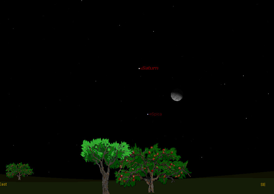 Skywatching map for 12:30 am ET on Jan. 25, showing Saturn, the moon and the star Spica.