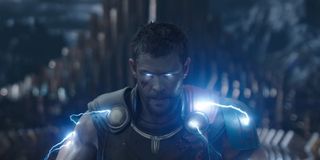 Chris Hemsworth in Thor: Ragnarok crackling with lightning