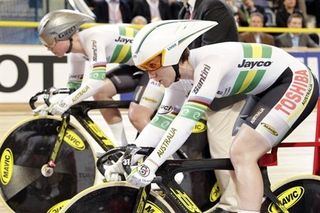 Australian duo Anna Meares (back) and Kaarle McCulloch are pictured at the start of the team sprint