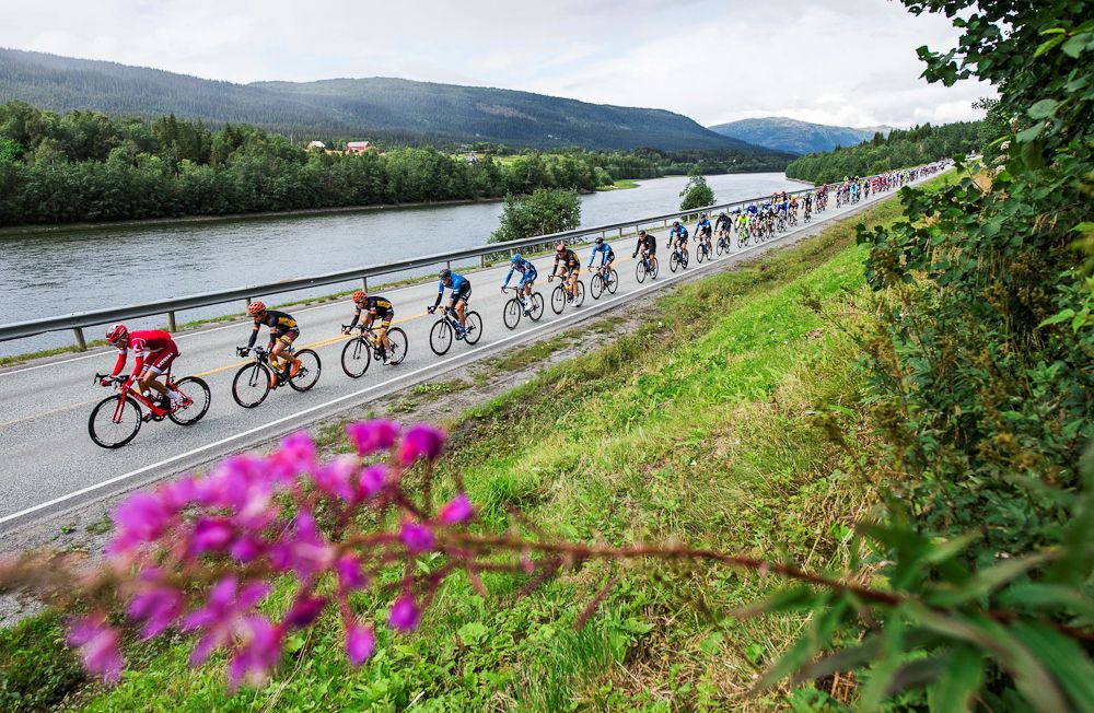 Cyclists ride during the 198,5 km second stage of the Arctic Race of Norway between Mo i Rana and Sandnessjoen