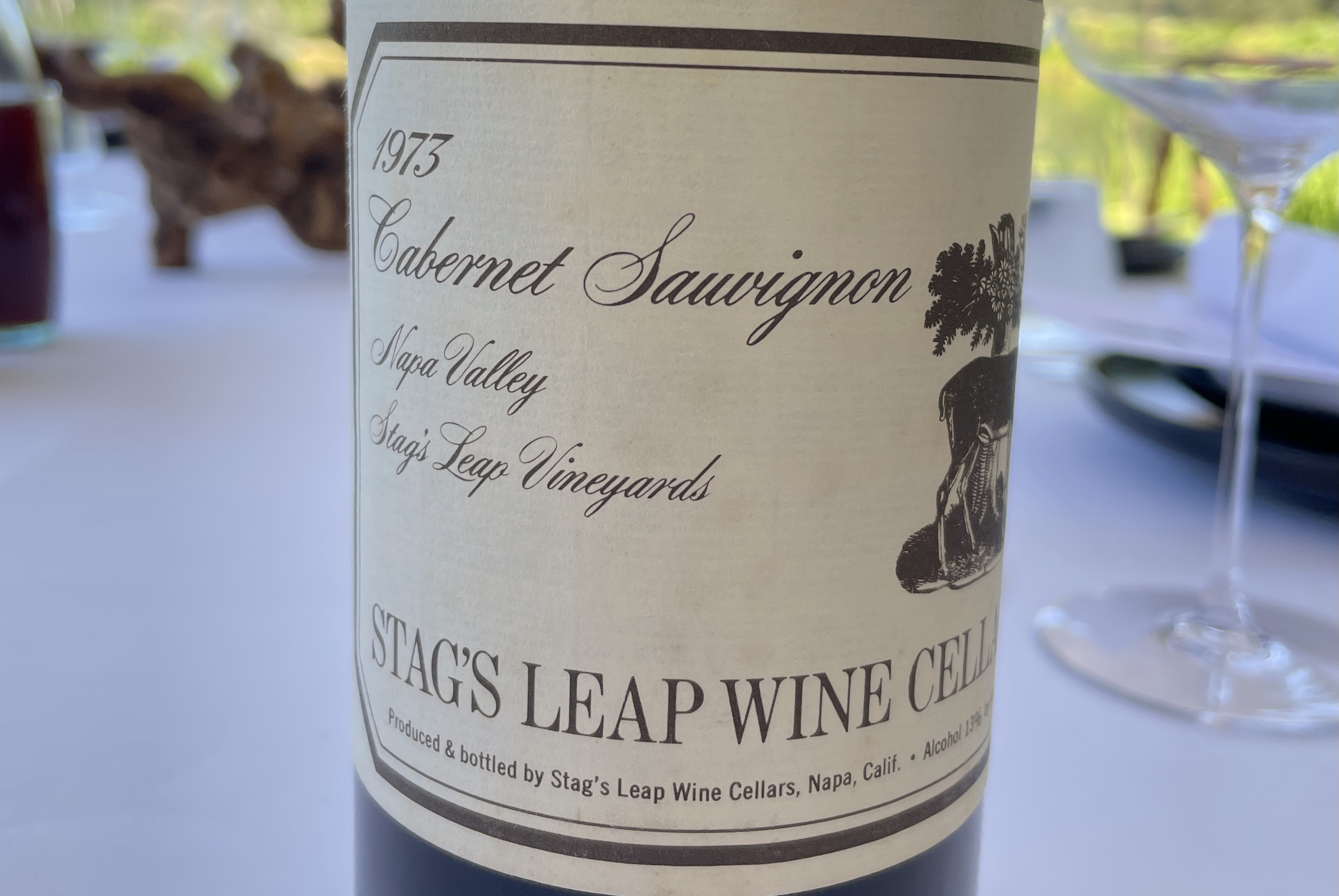 Closeup of a bottle of 1973 Stag's Leap Wine Cellars S.L.V. Cabernet Sauvignon Napa Valley