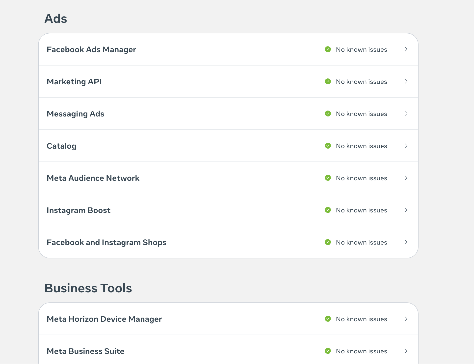 Meta status page