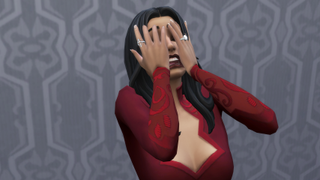 Bella Goth looks distressed and appalled with hands over her face.