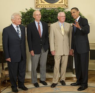 In a rare gathering of all three Apollo 11 crewmembers, Buzz Aldrin, Michael Collins and Neil Armstrong met with President Obama in White House on July 20, 2009, the 40th anniversary of the Apollo 11 lunar landing.
