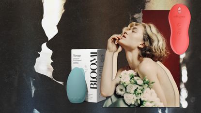 collage of a woman, a Bloomi sex toy, and a silhouette of two people about to kiss