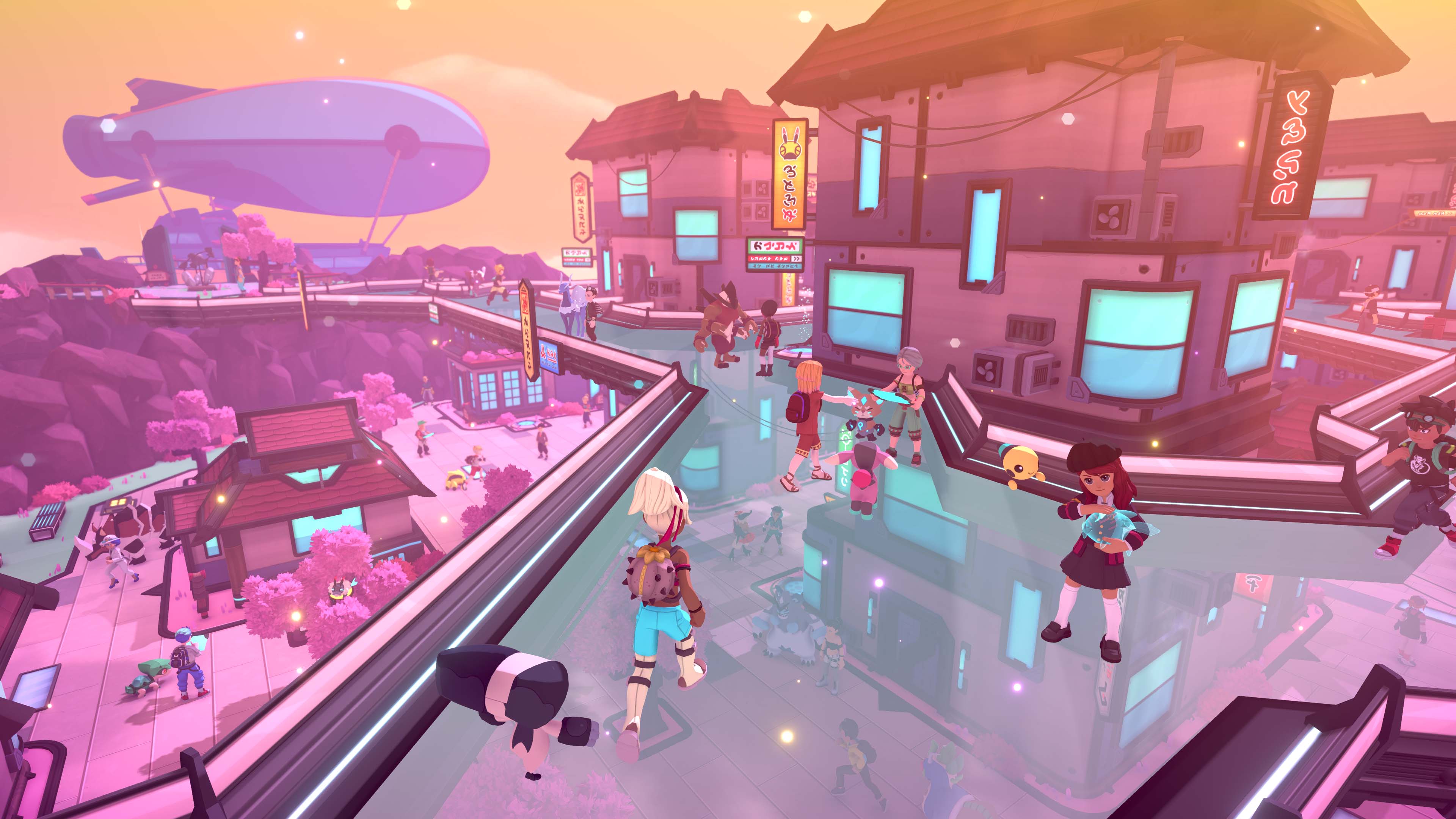 A gloriously pink-tinged overworld city in TemTem