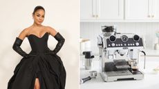 Two pictures: one of Vanessa Hudgens in a black dress and gloves and one of a silver De'Longhi La Specialista Maestro coffee machine in a white kitchen
