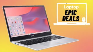 The Acer Chromebook 314 beside a Laptop Mag deals icon in front of an orange background