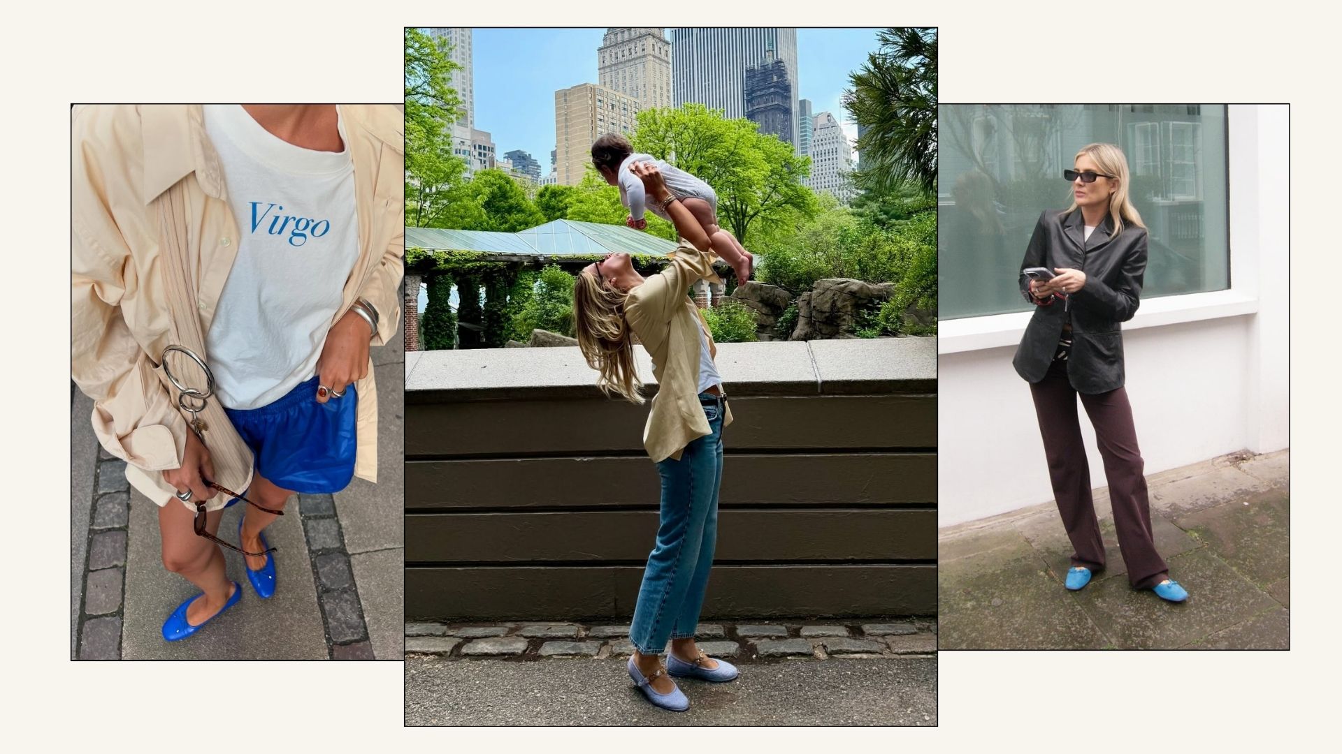 Influencer wears blue ballet flats.