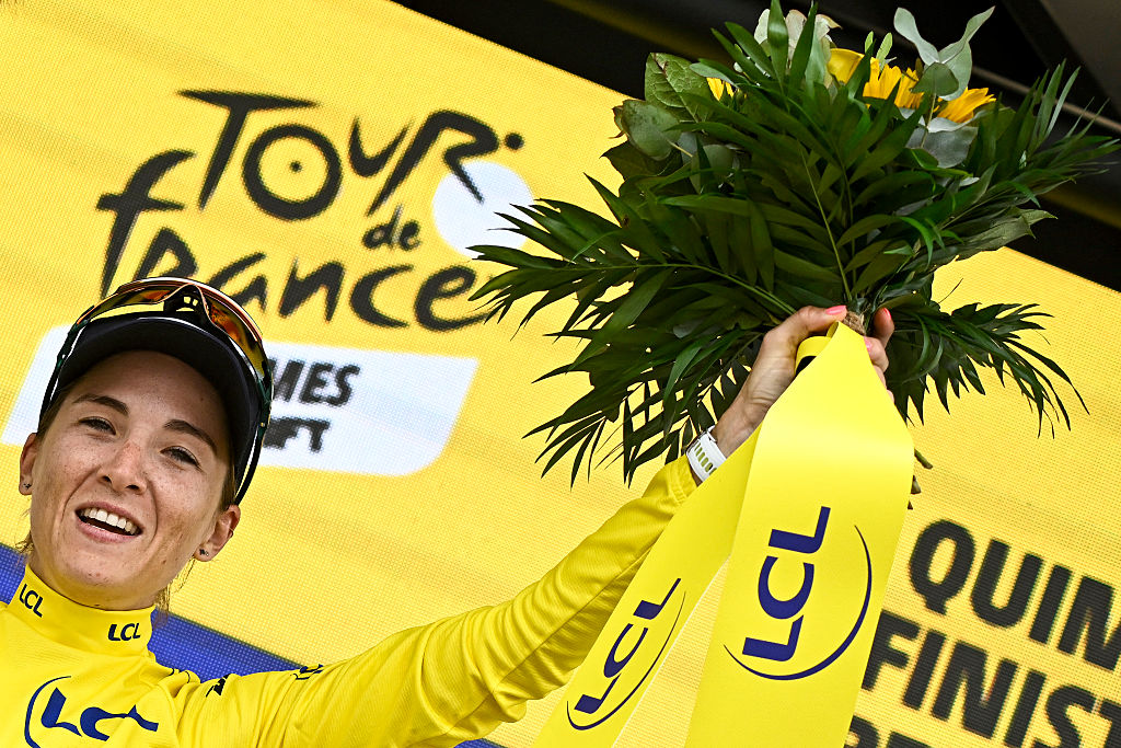 AG Insurance - Soudal Team&#039;s Mauritius rider Kimberley Le Court Pienaar celebrates on the podium with the overall leader&#039;s yellow jersey of the 2nd stage (out of 9) of the fourth edition of the Women&#039;s Tour de France cycling race, 110,4 km from Brest to Quimper on July 27, 2025. (Photo by Julien DE ROSA / AFP) / â€œThe erroneous mention[s] appearing in the metadata of this photo by JULIEN DE ROSA has been modified in AFP systems in the following manner: [the 2nd stage (out of 9) of the fourth edition of the Women&#039;s Tour de France cycling race, 110,4 km from Brest to Quimper on July 27, 2025.] instead of [the 1st stage (out of 9) of the fourth edition of the Women&#039;s Tour de France cycling race, 78,8 km from Vannes to Plumelec, in Plumelec, western France, on July 26, 2025.]. Please immediately remove the erroneous mention[s] from all your online services and delete it (them) from your servers. If you have been authorized by AFP to distribute it (them) to third parties, please ensure that the same actions are carried out by them. Failure to promptly comply with these instructions will entail liability on your part for any continued or post notification usage. Therefore we thank you very much for all your attention and prompt action. We are sorry for the inconvenience this notification may cause and remain at your disposal for any further information you may require.â€