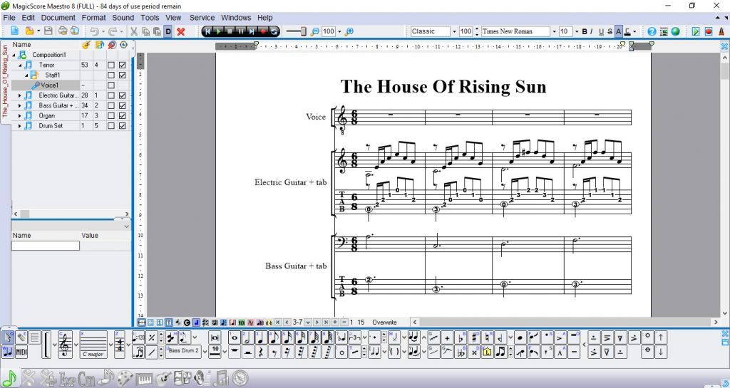 MagicScore lets you score guitar tab along with traditional notation.