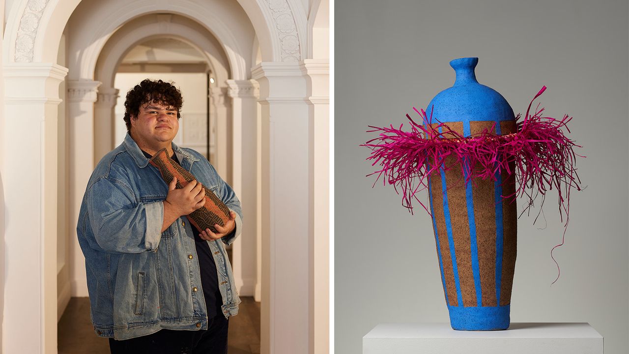 Ceramicist Alfred Lowe with examples of his work