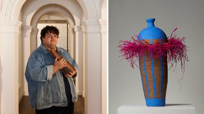 Ceramicist Alfred Lowe with examples of his work