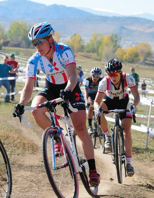 Katie Compton (Trek Cyclocross Collective) marking Gould on lap two