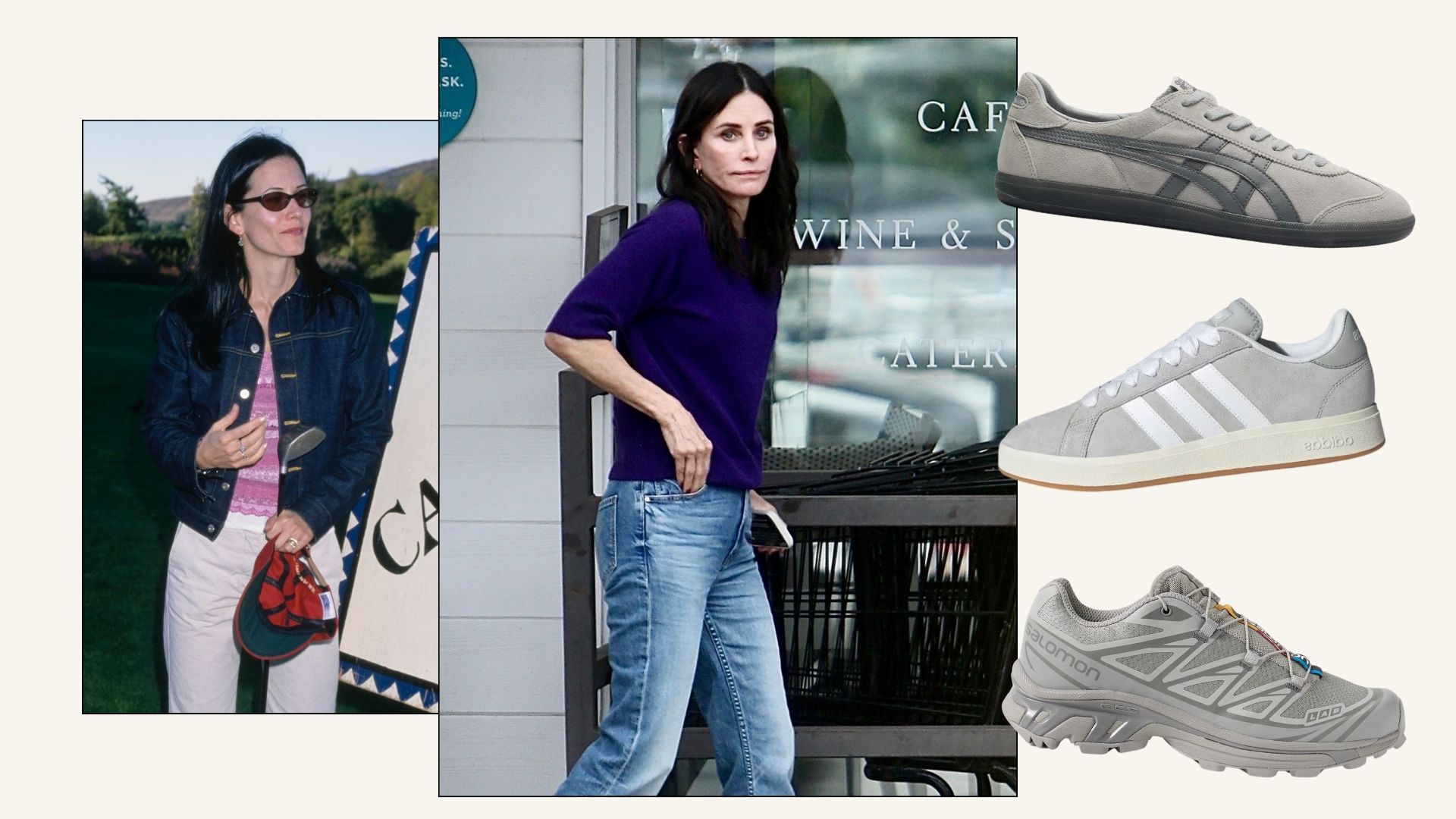 Courteney Cox wears grey trainers in 1999 and in 2025. In 1999, Cox styled her trainers with white jeans and an indigo denim jacket, while in 2025 she wore her pair with straight-leg blue jeans and a dark purple knit.
