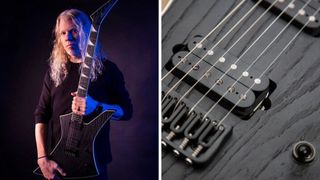 Jeff Loomis holding up his Jackson guitar with Seymour Duncan pickups on the left, with a detail of the guitar on the right