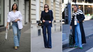 Three women wearing different jeans for pear shape women