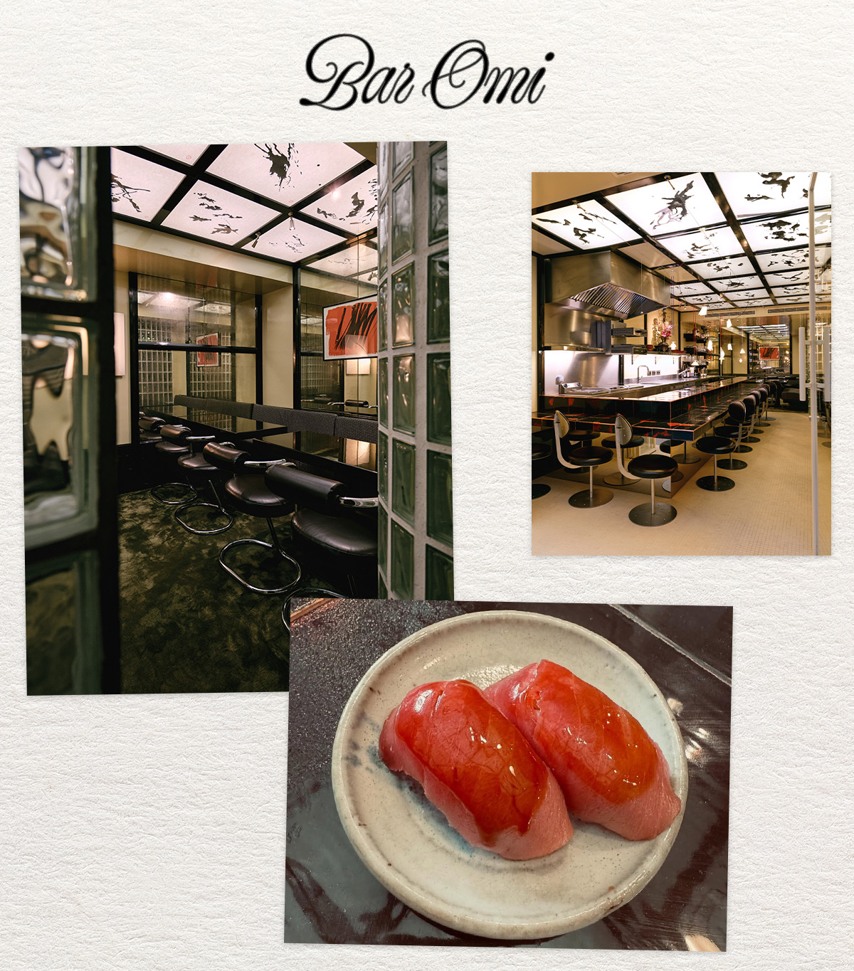 Collage of food and decor at Bar Omi in Paris, France.