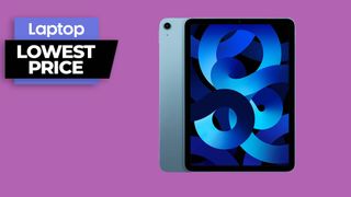 Apple 2022 iPad Air in blue with lowest price badge against a purple background