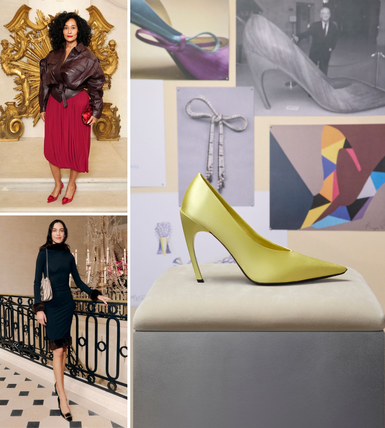 a collage of alexa chung, tracee ellis ross and a roger vivier choc heel shoe