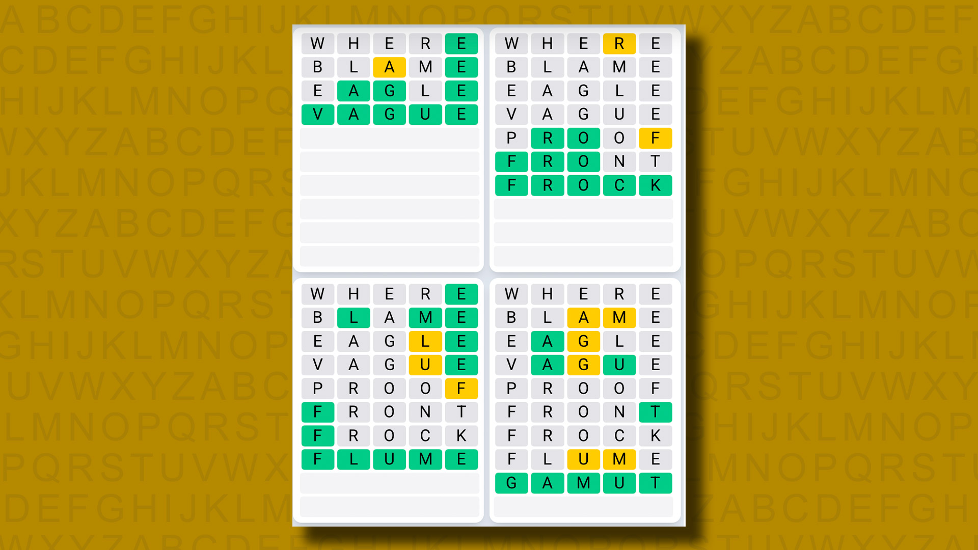 Quordle Daily Sequence answers for game 1143 on a yellow background