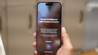 The initial splash screen that displays when opening up Apple Visual Intelligence for the first time. It reads &quot;Visual Intelligence with Camera Control - Learn about the objects and places around you and get even more information about what you see. Images from your camera are not stored on iPhone or shared with Apple.&quot;