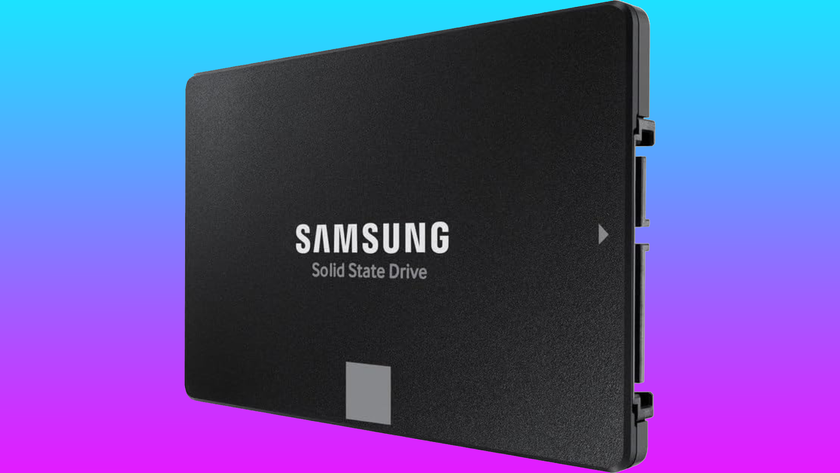 A SATA interface SSD made by Samsung floats in a blue-pink gradient void.