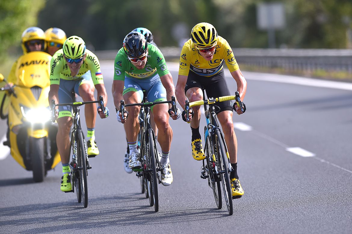 Sagan, Bodnar, Thomas and Froome split from the front of the race in the final kilometers