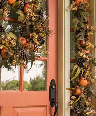 Halloween wreath and garland on door