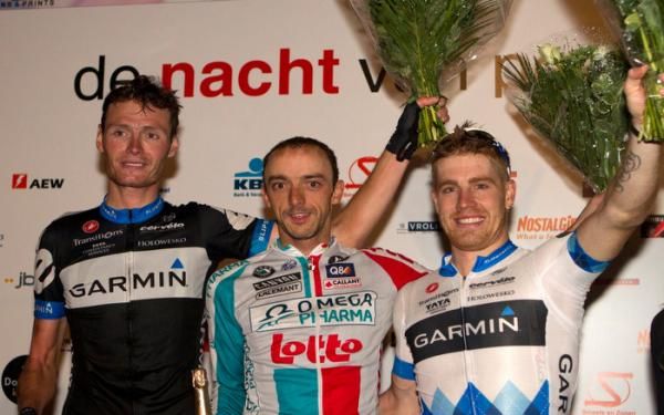 The podium at Nacht van Peer: Johan Van Summeren, Jelle Vanendert and Tyler Farrar