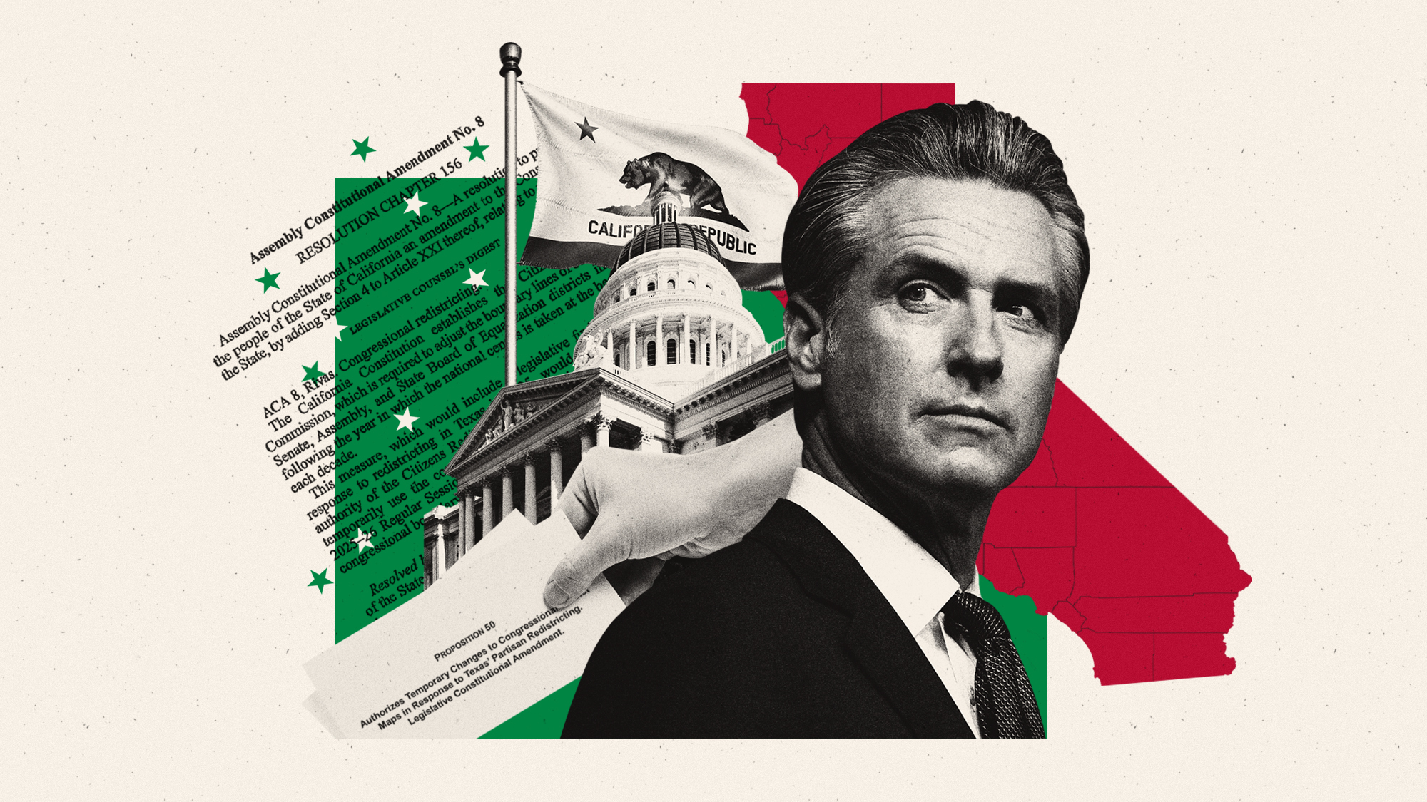Photo composite illustration of Gavin Newsom, the California State Capitol and flag, text from the redistricting amendment and a California county map