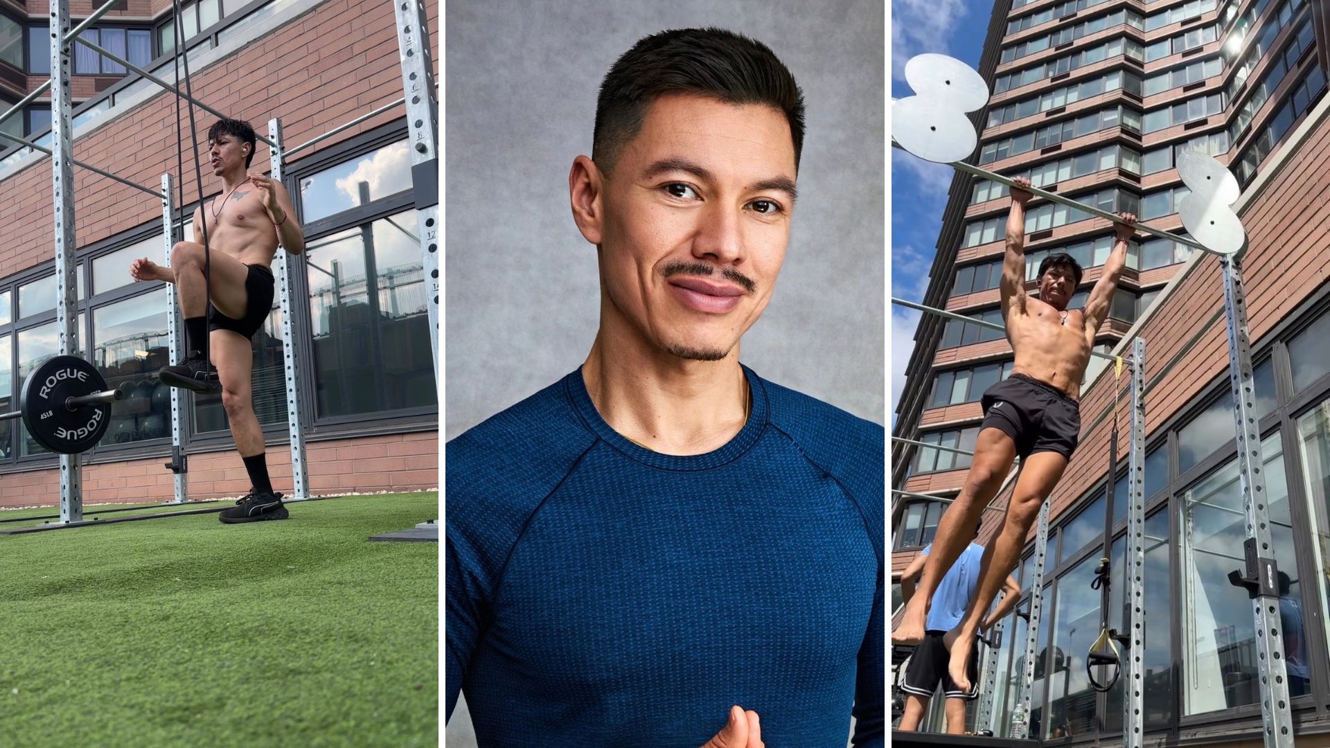Three photographs of the same man side by side. The center image is a posed headshot. Either side are photos of him exercising outdoors