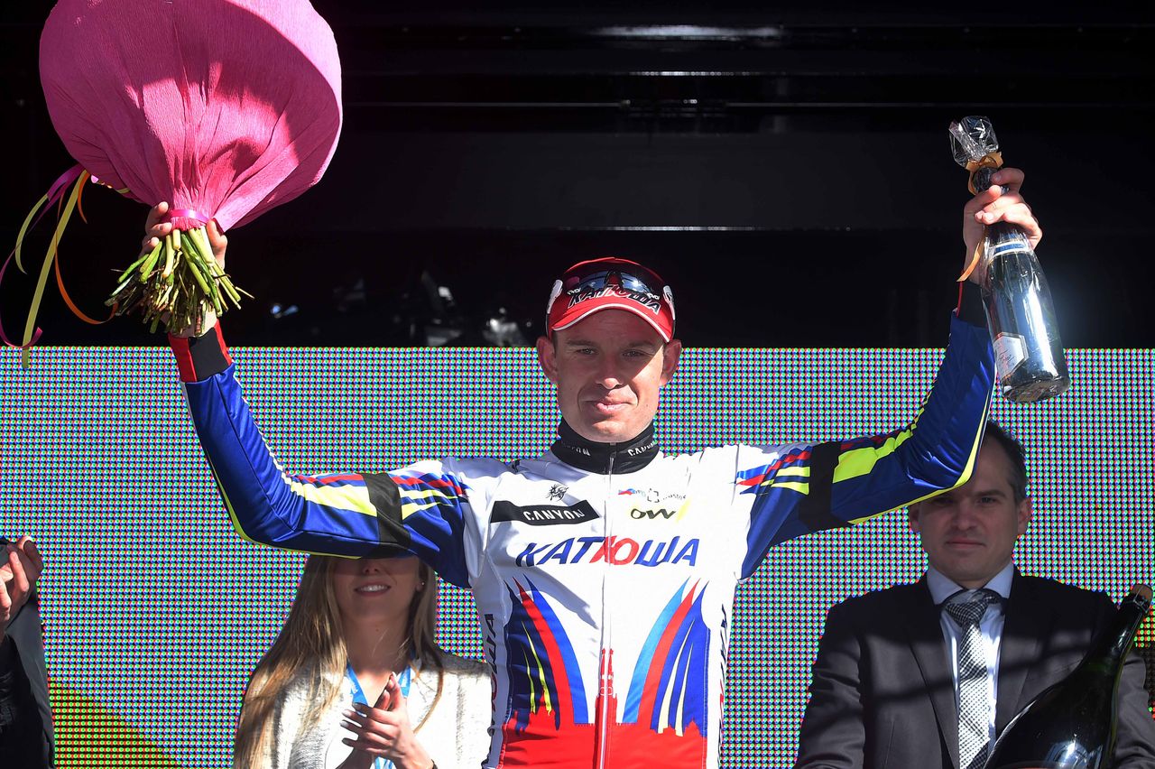 Alexander Kristoff (Katusha) celebrates winning the first stage of De Panne