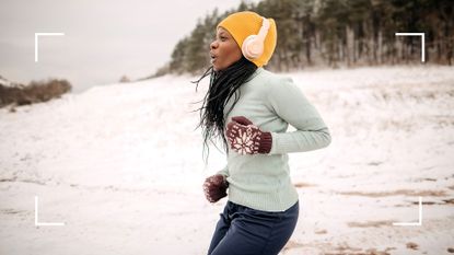 Woman wearing yellow hat and gloves outside in the morning after learning how to work out in winter