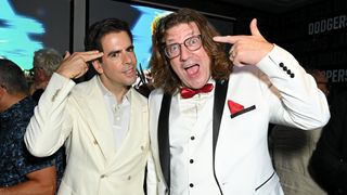 HOLLYWOOD, CALIFORNIA - AUGUST 06: (L-R) Eli Roth and Randy Pitchford attend the after party for the "Borderlands" Los Angeles Fan Event at Dave & Buster's on August 06, 2024 in Hollywood, California.