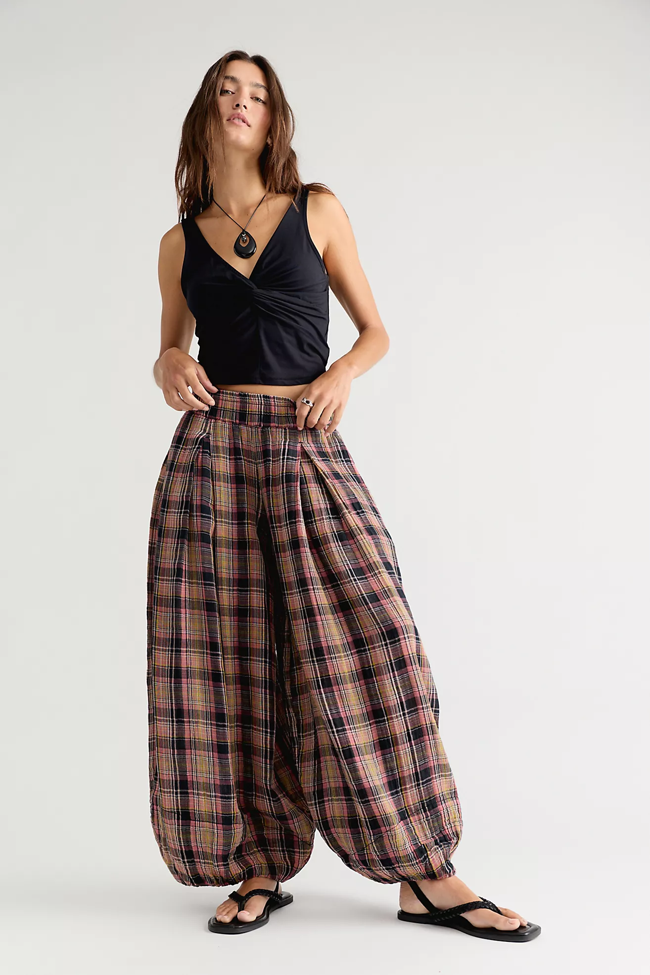 Moonflower Plaid Pull-On Balloon Pants