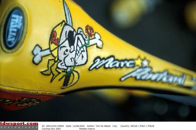 The custom saddle of 'Il Pirata' Marco Pantani